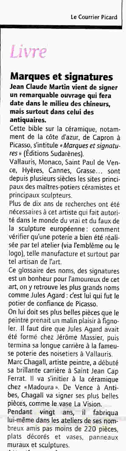 Article dans le journal Var matin sur le livre Marques et signatures de la céramique d'art de la Côte d'Azur