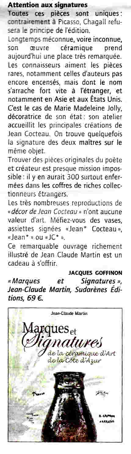 Article dans le journal Var matin sur le livre Marques et signatures de la céramique d'art de la Côte d'Azur