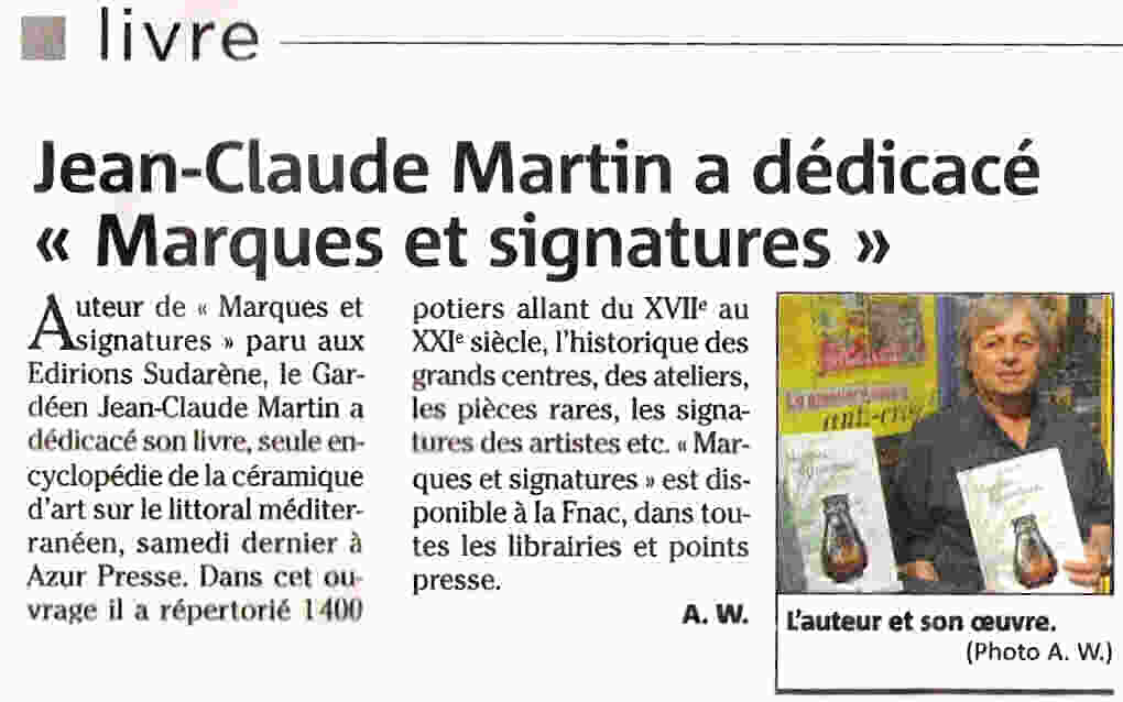 Article dans le journal Var matin dédicace du livre Marques et signatures de la céramique d'art de la Côte d'Azur